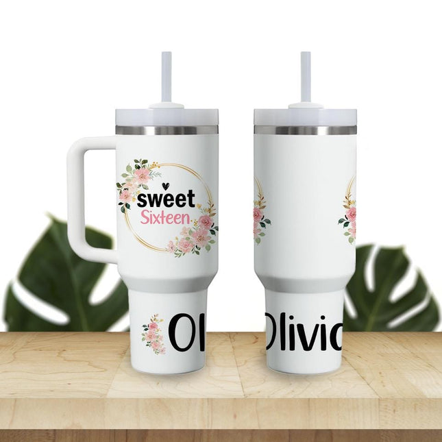 Custom Tumbler 40oz Personalized Name Insulated Bottle Water Frame And Name With Flowers