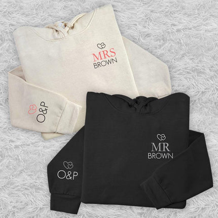 Adult Hoodie Sweatshirt Cozy Pullover Fleece Winter Outfit Gift for Her and Him Mrs And Mr With Two Hearts