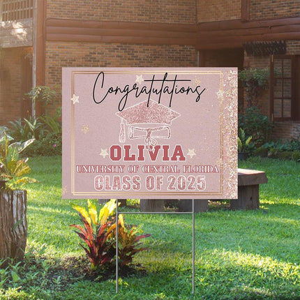Yard Sign for graduation Party Decor Weatherproof Stake Included Pink And Gold