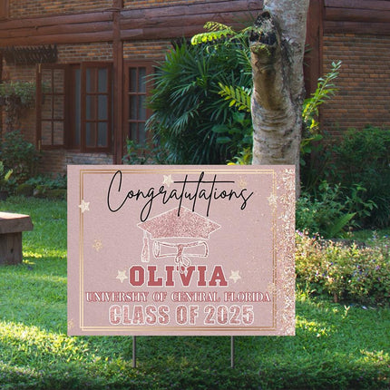 Yard Sign for graduation Party Decor Weatherproof Stake Included Pink And Gold