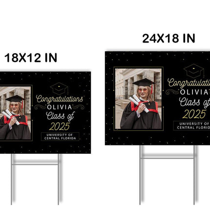 Yard Sign for graduation Party Decor Weatherproof Stake Included Black and Gold with Photo
