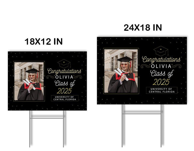 Yard Sign for graduation Party Decor Weatherproof Stake Included Black and Gold with Photo