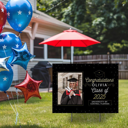 Yard Sign for graduation Party Decor Weatherproof Stake Included Black and Gold with Photo