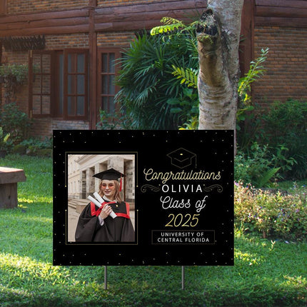 Yard Sign for graduation Party Decor Weatherproof Stake Included Black and Gold with Photo