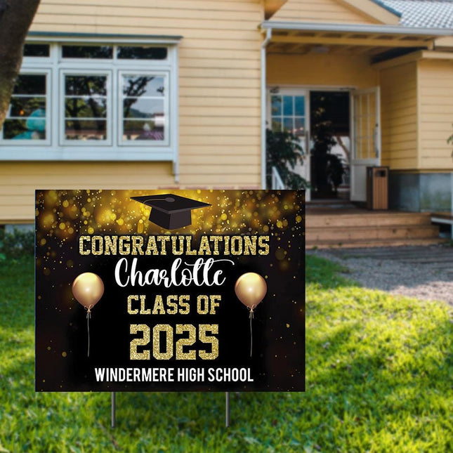 Yard Sign for graduation Party Decor Weatherproof Stake Included Black with golden balloons