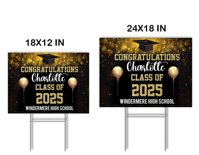 Yard Sign for graduation Party Decor Weatherproof Stake Included Black with golden balloons