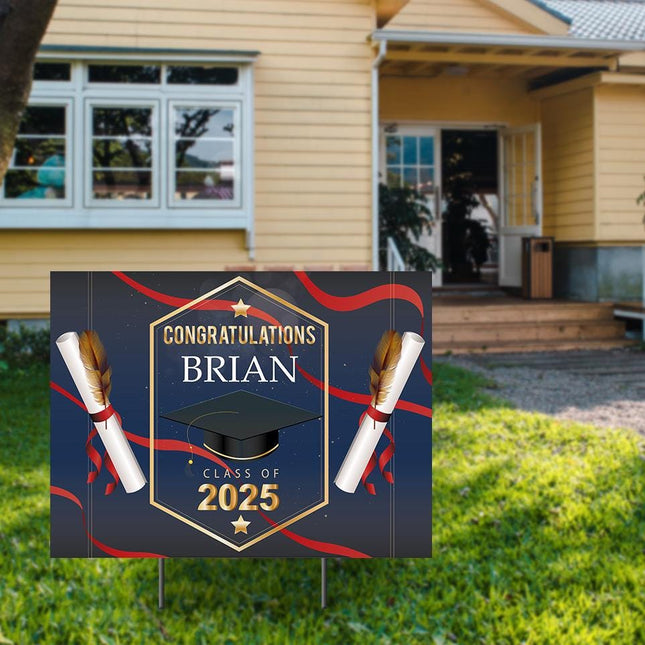 Yard Sign for graduation Party Decor Weatherproof Stake Included Blue Background with Red