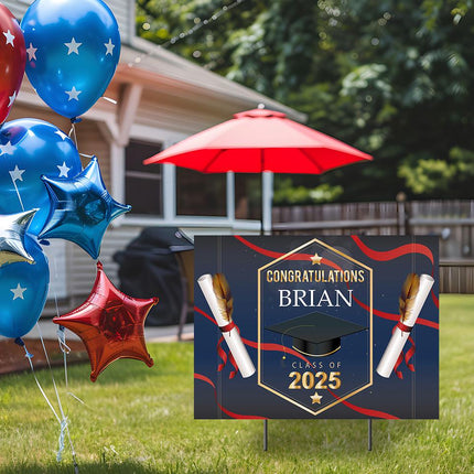 Yard Sign for graduation Party Decor Weatherproof Stake Included Blue Background with Red