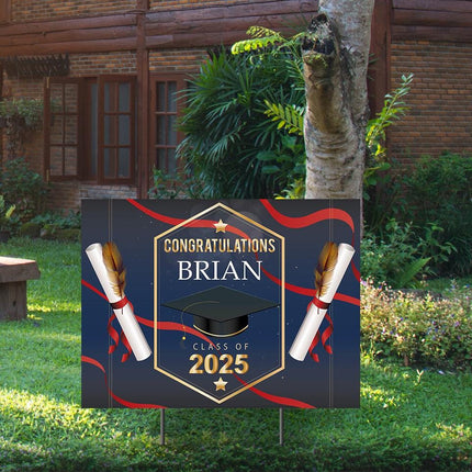 Yard Sign for graduation Party Decor Weatherproof Stake Included Blue Background with Red
