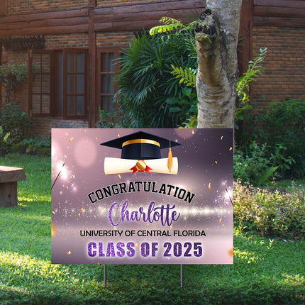 Yard Sign for graduation Party Decor Weatherproof Stake Included Purple And Gold