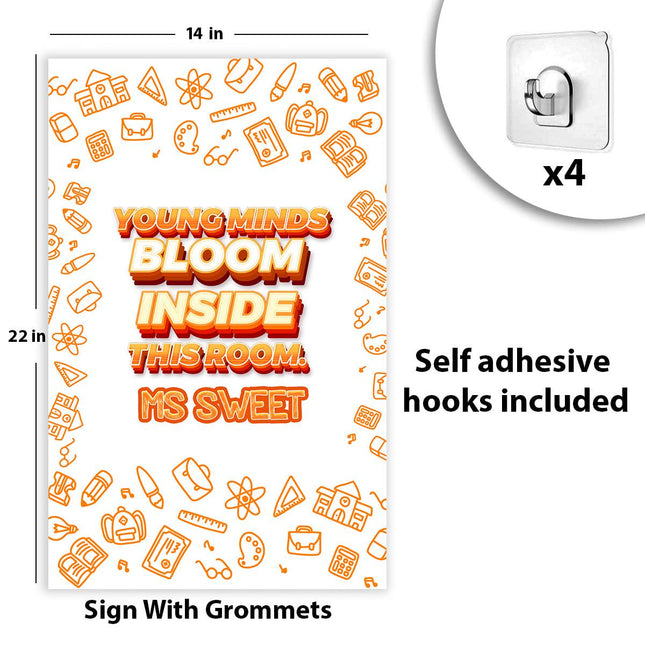 Sign Classroom Door Decor Hardcover 14x22 in Young Minds Bloom Inside White And Orange