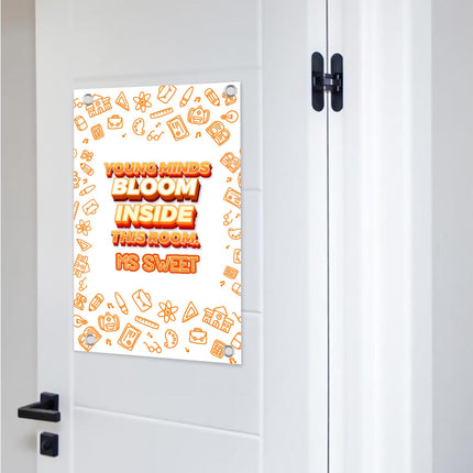 Sign Classroom Door Decor Hardcover 14x22 in Young Minds Bloom Inside White And Orange