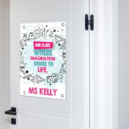 Sign Classroom Door Decor Hardcover 14x22 in Our Class Where Imagination Comes To Life