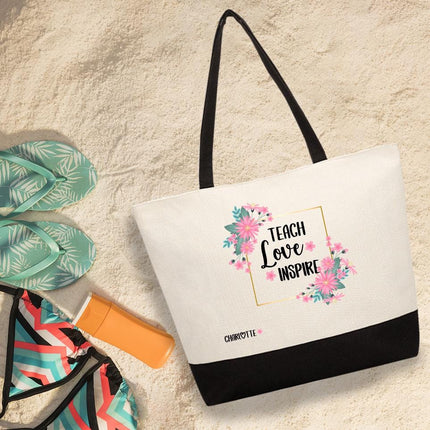 Personalized Large Canvas Tote Custom Beach Shopping Travel Bag Reusable Gift for Women Accessories Organizer Teach Love Inspire