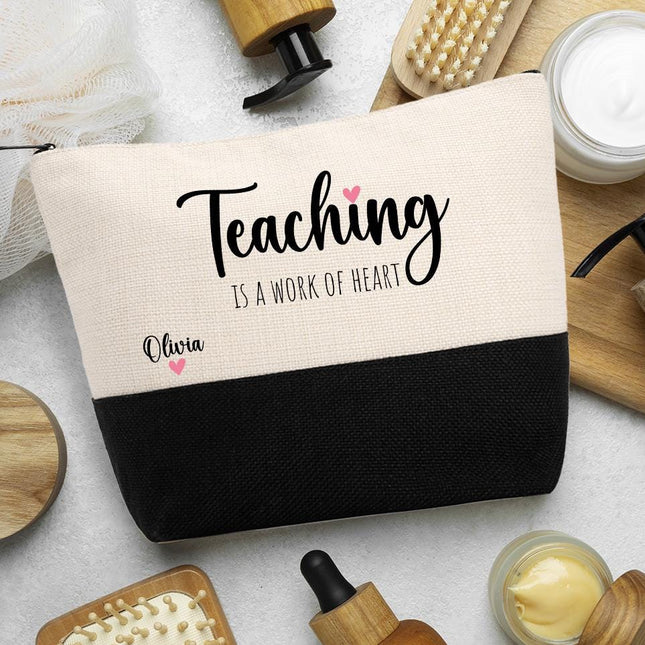 Personalized Makeup Bag Custom Travel Organizer Cosmetic Pouch for Women Toiletry Bag Accessories Storage Gift Teaching Is a Work Of Heart
