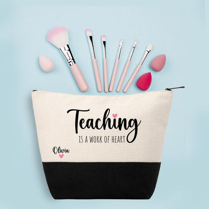 Personalized Makeup Bag Custom Travel Organizer Cosmetic Pouch for Women Toiletry Bag Accessories Storage Gift Teaching Is a Work Of Heart