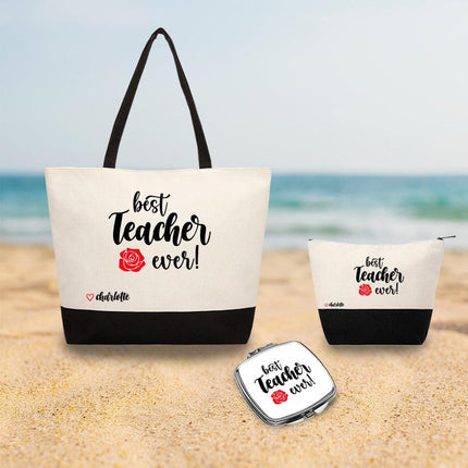 Personalized Bundle For Her Beach Tote Makeup Bag Mirror Travel Pouch Custom Gift Organizer Accessories Best Teacher Ever