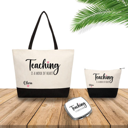 Personalized Bundle For Her Beach Tote Makeup Bag Mirror Travel Pouch Custom Gift Organizer Accessories Teaching Is a Work Of Heart