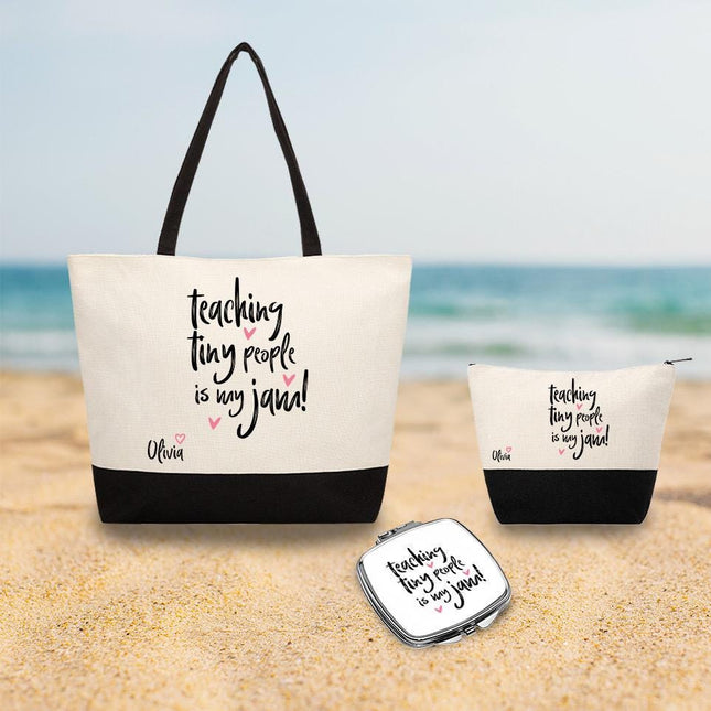 Personalized Bundle For Her Beach Tote Makeup Bag Mirror Travel Pouch Custom Gift Organizer Accessories Teaching Tiny People