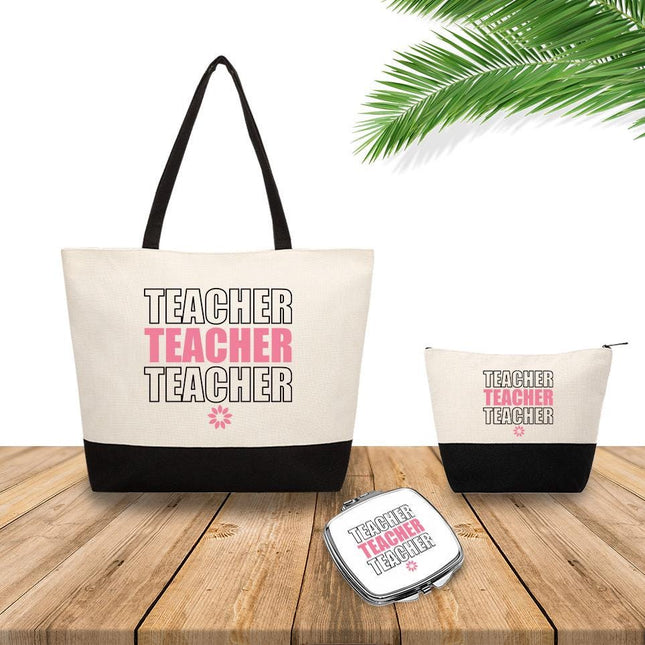 Personalized Bundle For Her Beach Tote Makeup Bag Mirror Travel Pouch Custom Gift Organizer Accessories Teacher