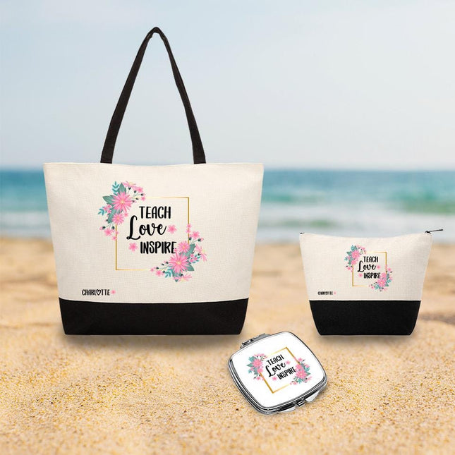 Personalized Bundle For Her Beach Tote Makeup Bag Mirror Travel Pouch Custom Gift Organizer Accessories Teach Love Inspire