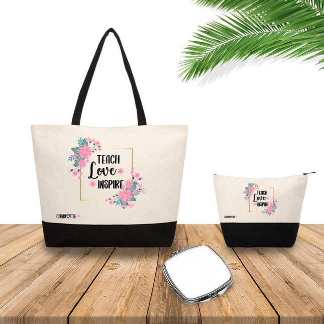 Personalized Bundle For Her Beach Tote Makeup Bag Mirror Travel Pouch Custom Gift Organizer Accessories Teach Love Inspire
