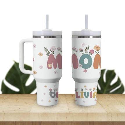 Custom Tumbler 40oz Personalized Name Insulated Bottle Water Mom With Flowers
