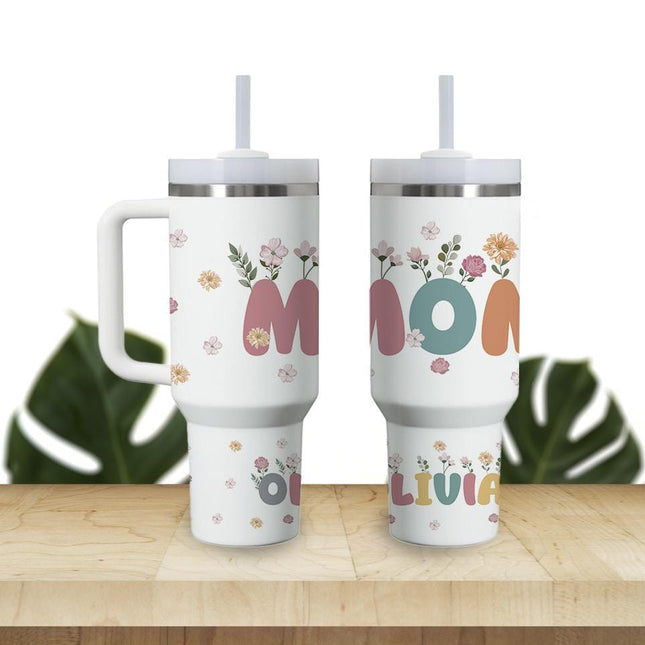 Custom Tumbler 40oz Personalized Name Insulated Bottle Water Mom With Flowers