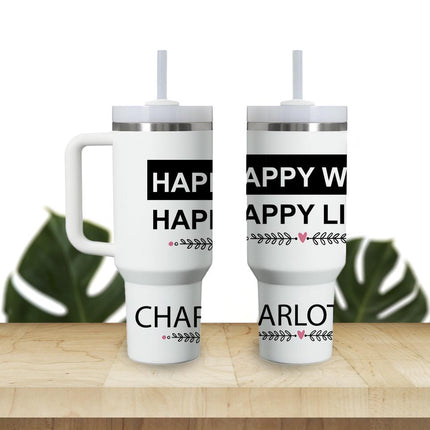 Custom Tumbler 40oz Personalized Name Insulated Bottle Water Happy Wife Black Background