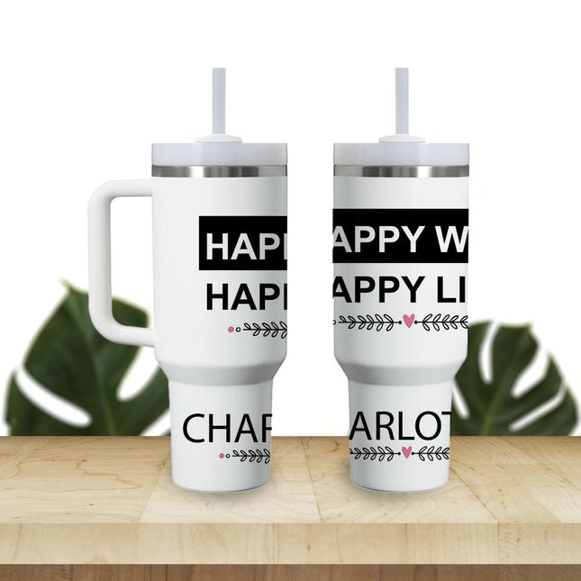 Custom Tumbler 40oz Personalized Name Insulated Bottle Water Happy Wife Black Background