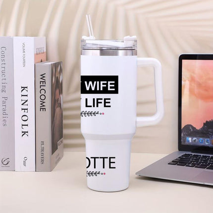Custom Tumbler 40oz Personalized Name Insulated Bottle Water Happy Wife Black Background