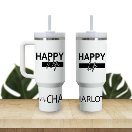 Custom Tumbler 40oz Personalized Name Insulated Bottle Water Happy Wife Happy Life