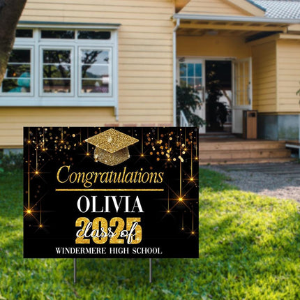 Yard Sign for graduation Party Decor Weatherproof Stake Included Black And Gold