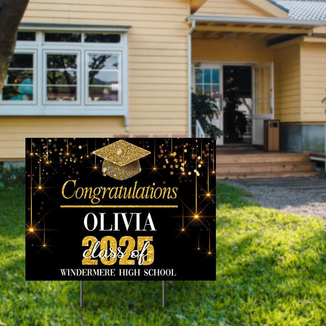 Yard Sign for graduation Party Decor Weatherproof Stake Included Black And Gold