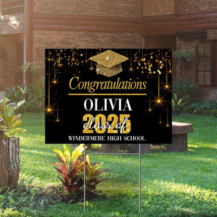 Yard Sign for graduation Party Decor Weatherproof Stake Included Black And Gold