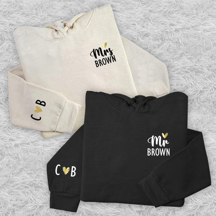 Adult Hoodie Sweatshirt Cozy Pullover Fleece Winter Outfit Gift for Her and Him Mr & Mrs With Golden Heart