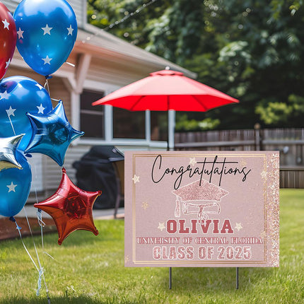Yard Sign for graduation Party Decor Weatherproof Stake Included Pink And Gold