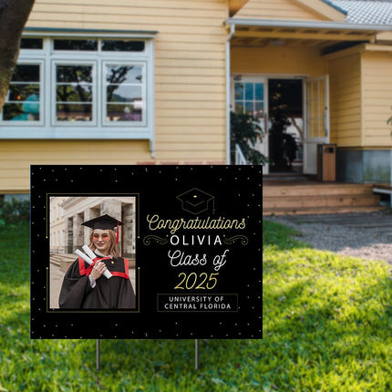 Yard Sign for graduation Party Decor Weatherproof Stake Included Black and Gold with Photo