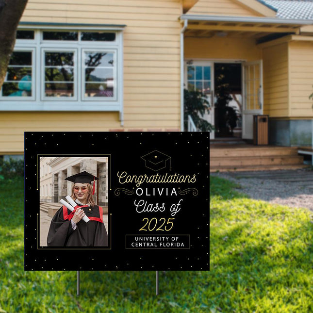 Yard Sign for graduation Party Decor Weatherproof Stake Included Black and Gold with Photo
