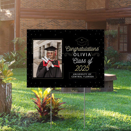Yard Sign for graduation Party Decor Weatherproof Stake Included Black and Gold with Photo