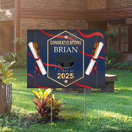 Yard Sign for graduation Party Decor Weatherproof Stake Included Blue Background with Red