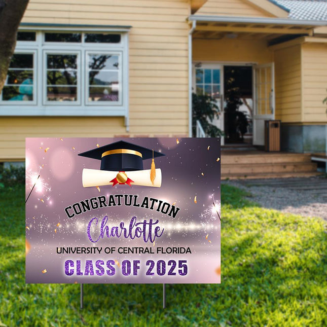 Yard Sign for graduation Party Decor Weatherproof Stake Included Purple And Gold