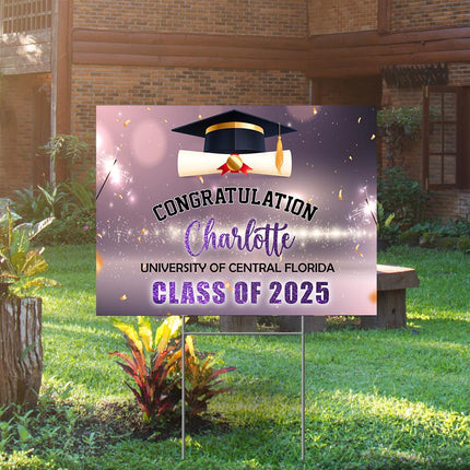 Yard Sign for graduation Party Decor Weatherproof Stake Included Purple And Gold