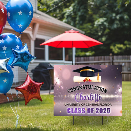 Yard Sign for graduation Party Decor Weatherproof Stake Included Purple And Gold